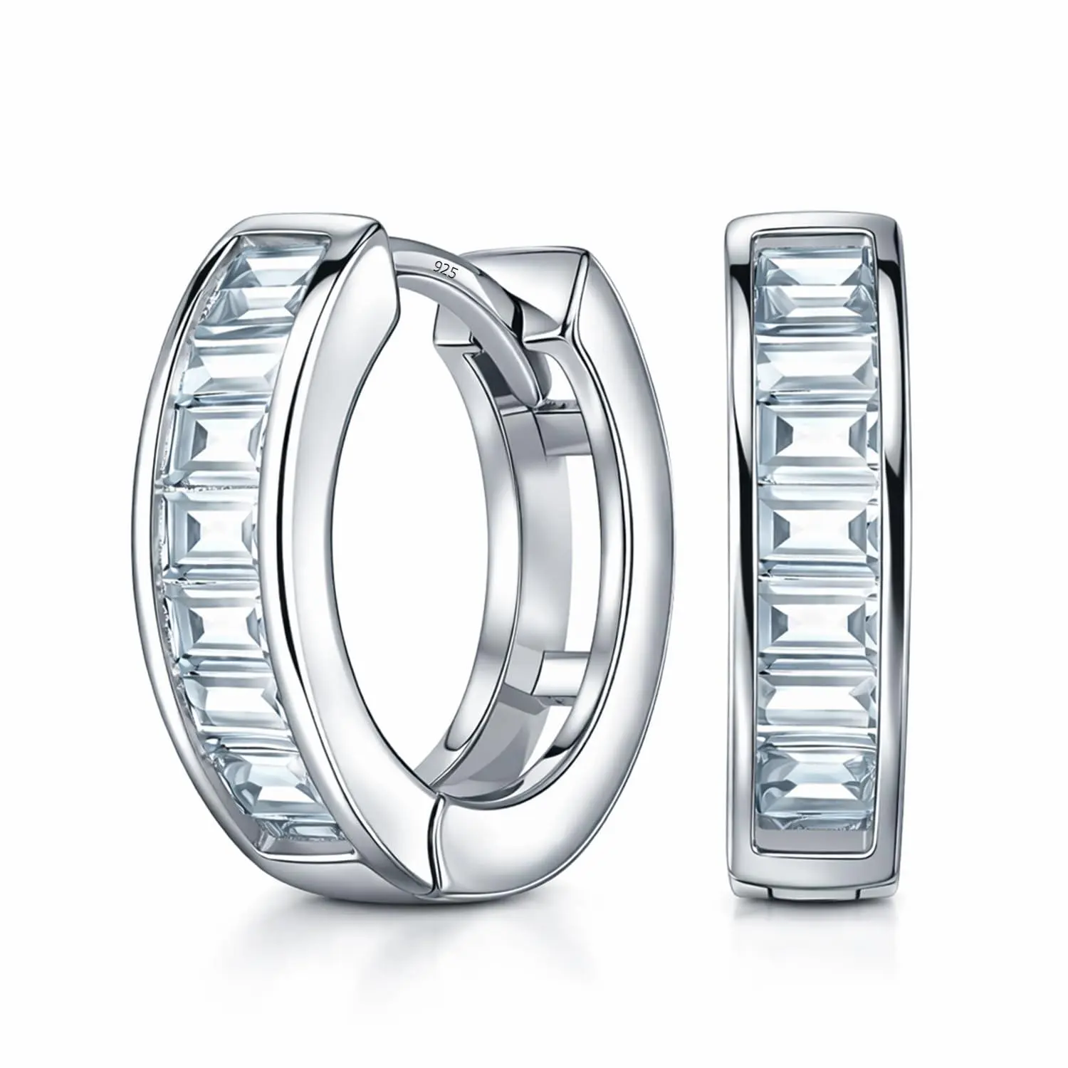 LeCalla Women's 925 Sterling Silver Rhodium-Plated Rectangle-Cut Pave CZ Hinged Huggie Hoop Earrings, Hypoallergenic Sparkly Geometric 14MM Silver Earrings