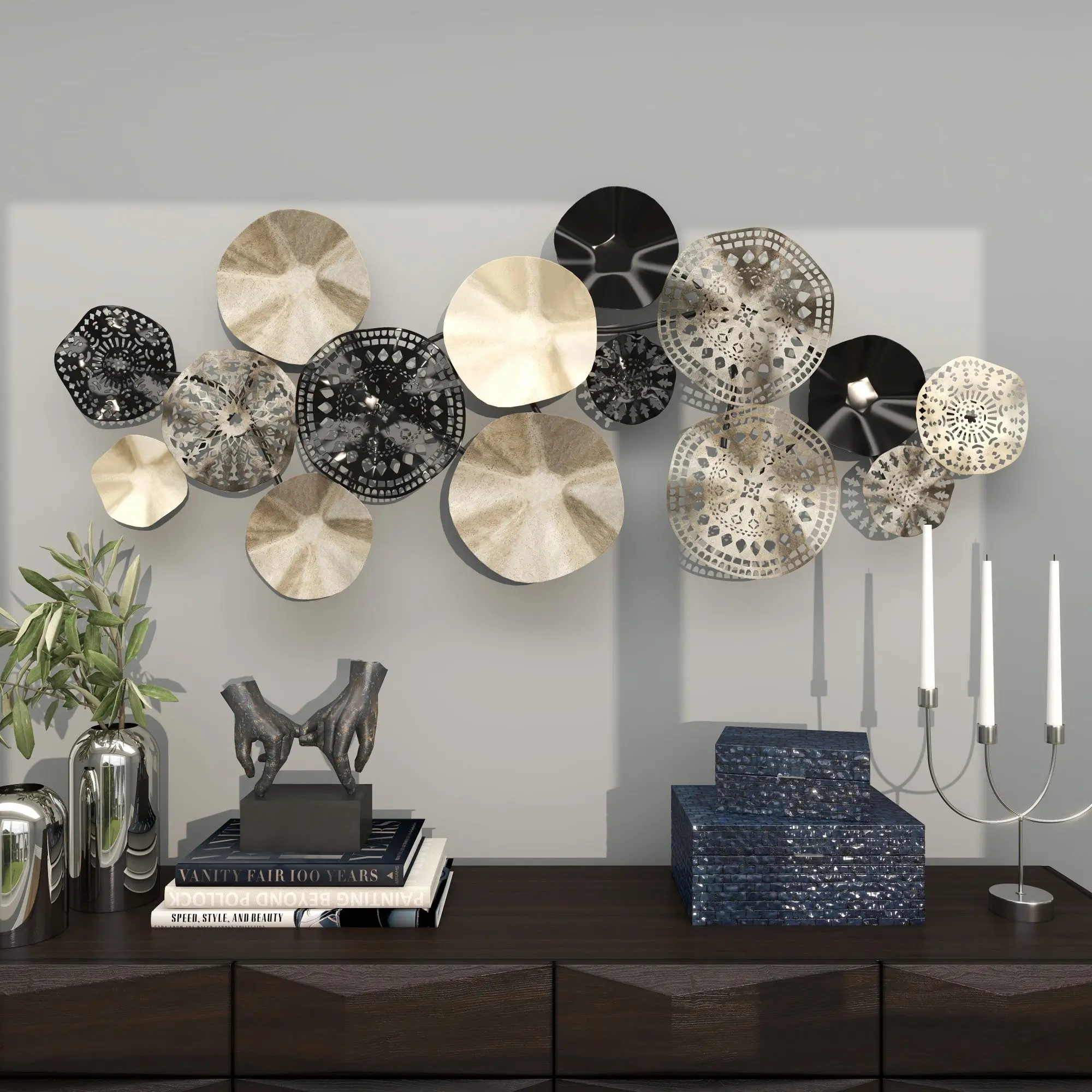 Plate Silver Metal Textured Home Wall Decor with Black Accents