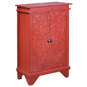 Sunset Trading Hand Painted Cottage Solid Wood Carved Accent Cabinet - Distressed Antique Red, CC-CAB236LD-AR, Hand Painted Cabinets