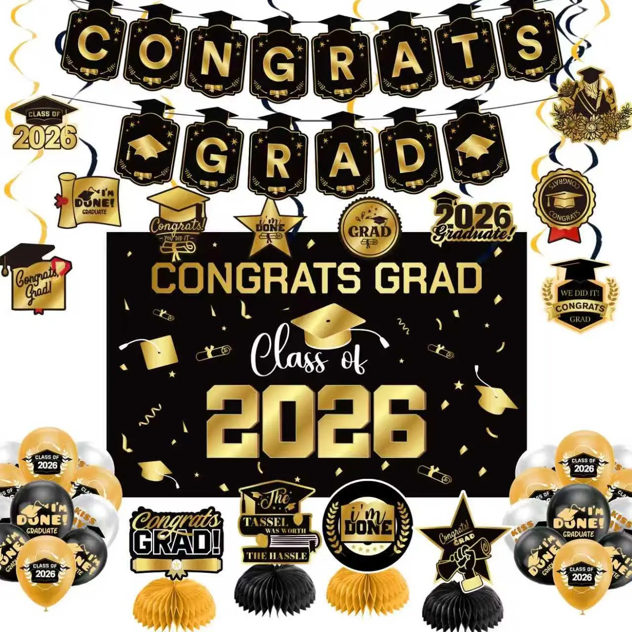 2026 Gold Themed Graduation Decorations Kit - Congrats Grad Banner, Class of 2026 Backdrop, Balloons, Streamers for High School Graduation Celebrations, High-Quality Materials, Easy Assembly, Versatile Use, Ideal Gift, Graduation Celebration