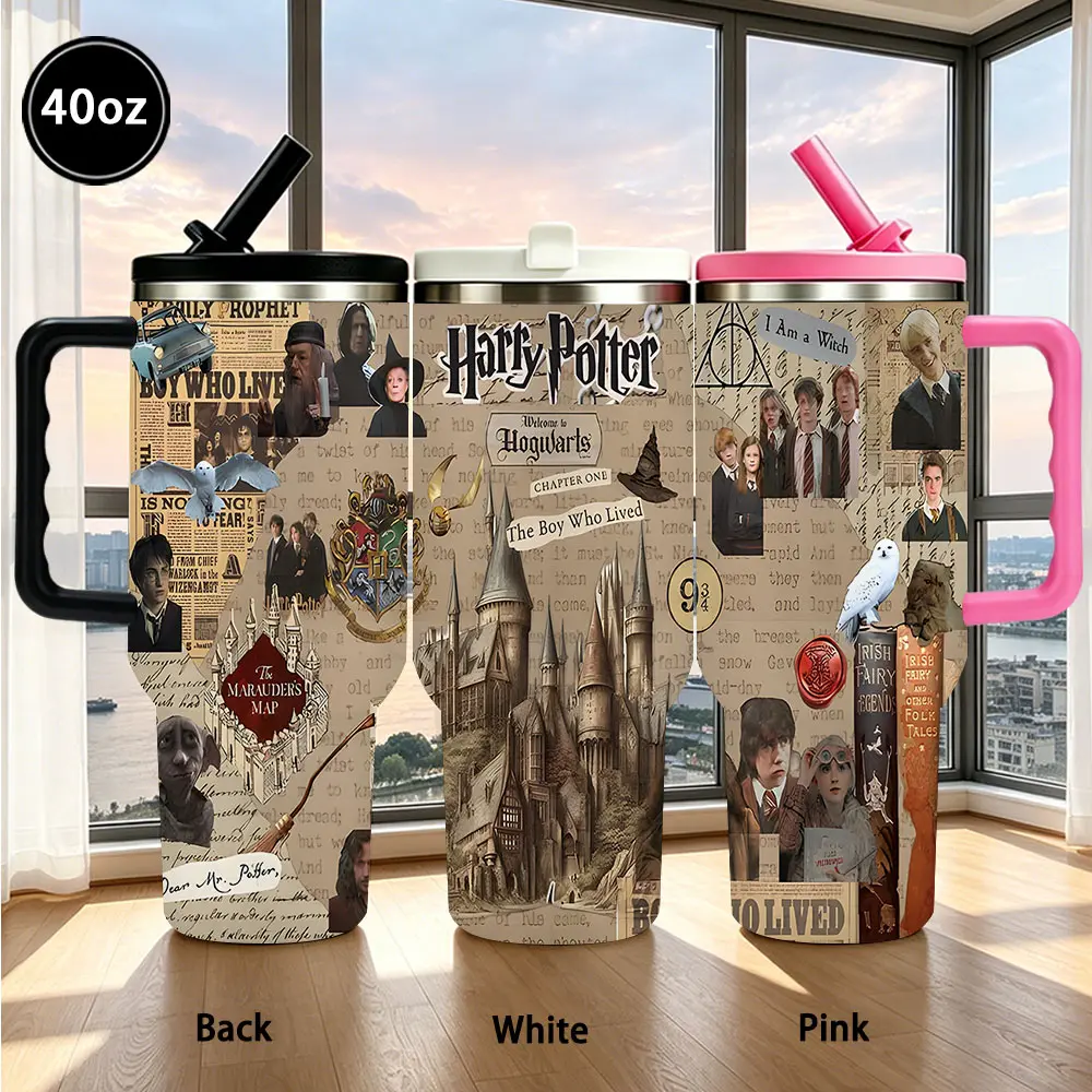Retro Harry Potter Character Collage Stainless Steel Insulated Flask, Rustic Hogwarts Castle & Movie Cast Print Portable Travel Mug, 12/18/20/30/40oz Multi-Size, Leakproof, Car Cup Friendly, Wizard Fan Gift, Flasks