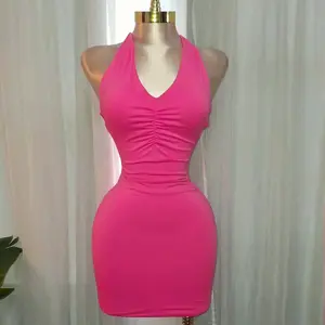 Karina Dress - Vibrant Pink Halter Neck Ruched Bodycon Mini Dress for Women