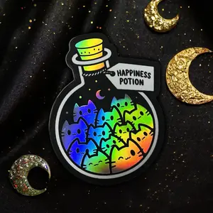 Happiness Potion Kitty Cat Holographic Sticker 2” x 2.5” Rainbow Cats Design by Moonstruck Crystals