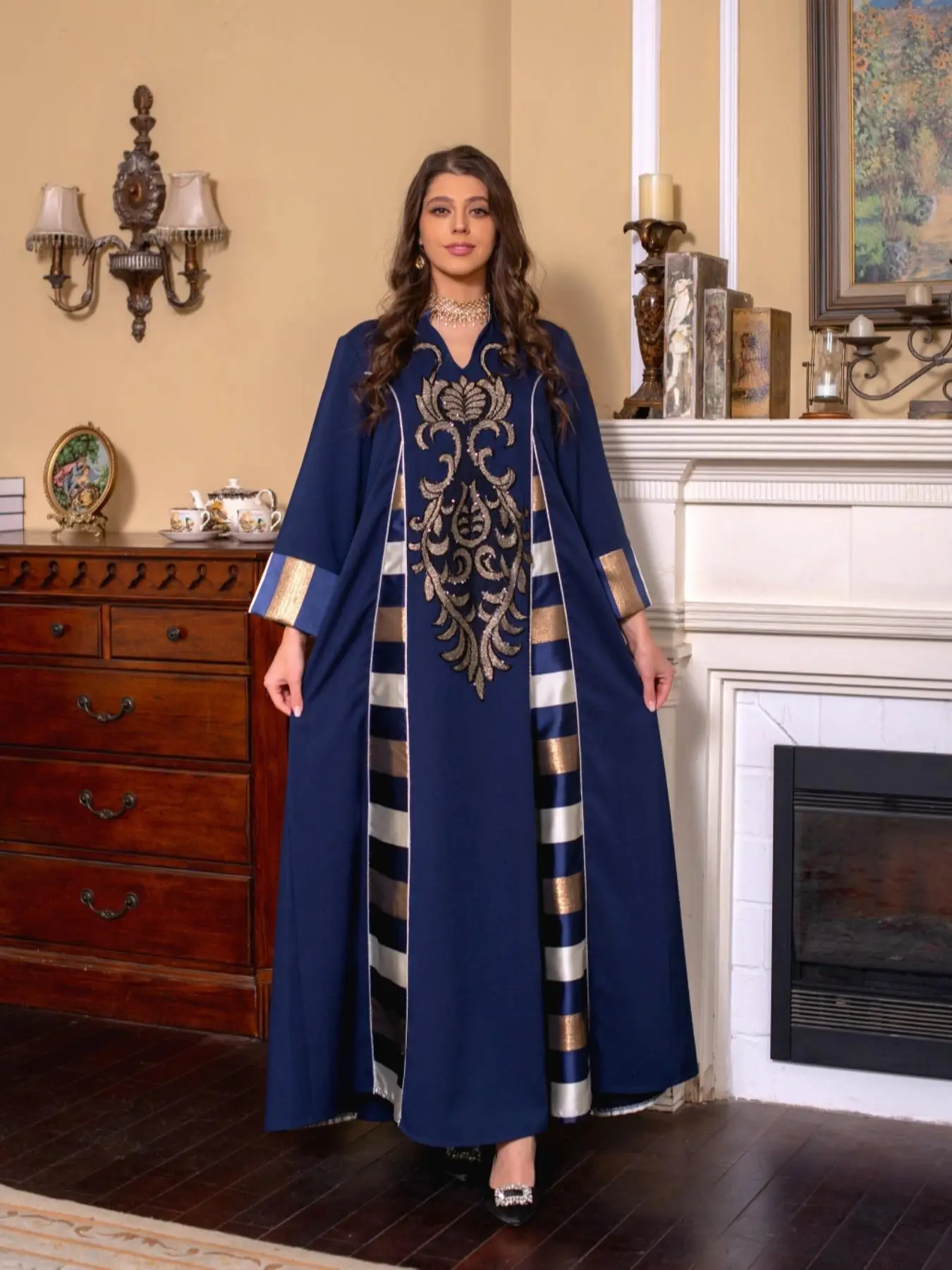 Women's Ethnic Pattern Notched Neck Kaftan, Elegant Long Sleeve Arabic Clothing for Spring & Fall, Women's Islamic Clothing for Vacation Holiday Party
