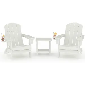 2-Piece Folding Adirondack Chair Set with Side Table & Cup Holder, HDPE All-Weather Resistant Wooden-Textured Outdoor Patio Chairs for Patios, Fire Pits, White