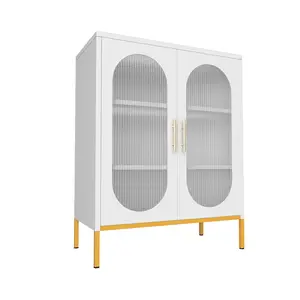 Metal Sideboard Cabinet with Fluted Glass Door, Adjustble Shelf Steel Locker Display Cabinet for Kitchen Livingroom Bedroom