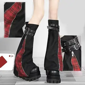 Gothic Punk Rock Academy Style Trendy Plaid Leg Warmers Subculture Edgy Red Checkered Zipper Adjustable Tie-Up Design Fashion Statement Sleeves