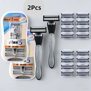 2Pcs 5 Blade Razor Kit for Men, Painless Stainless Steel Blades & Flexible Pivoting Head, 16 Refill Cartridges, Lubrication, Refillable Design for Face & Body, Perfect for Home & Daily Use