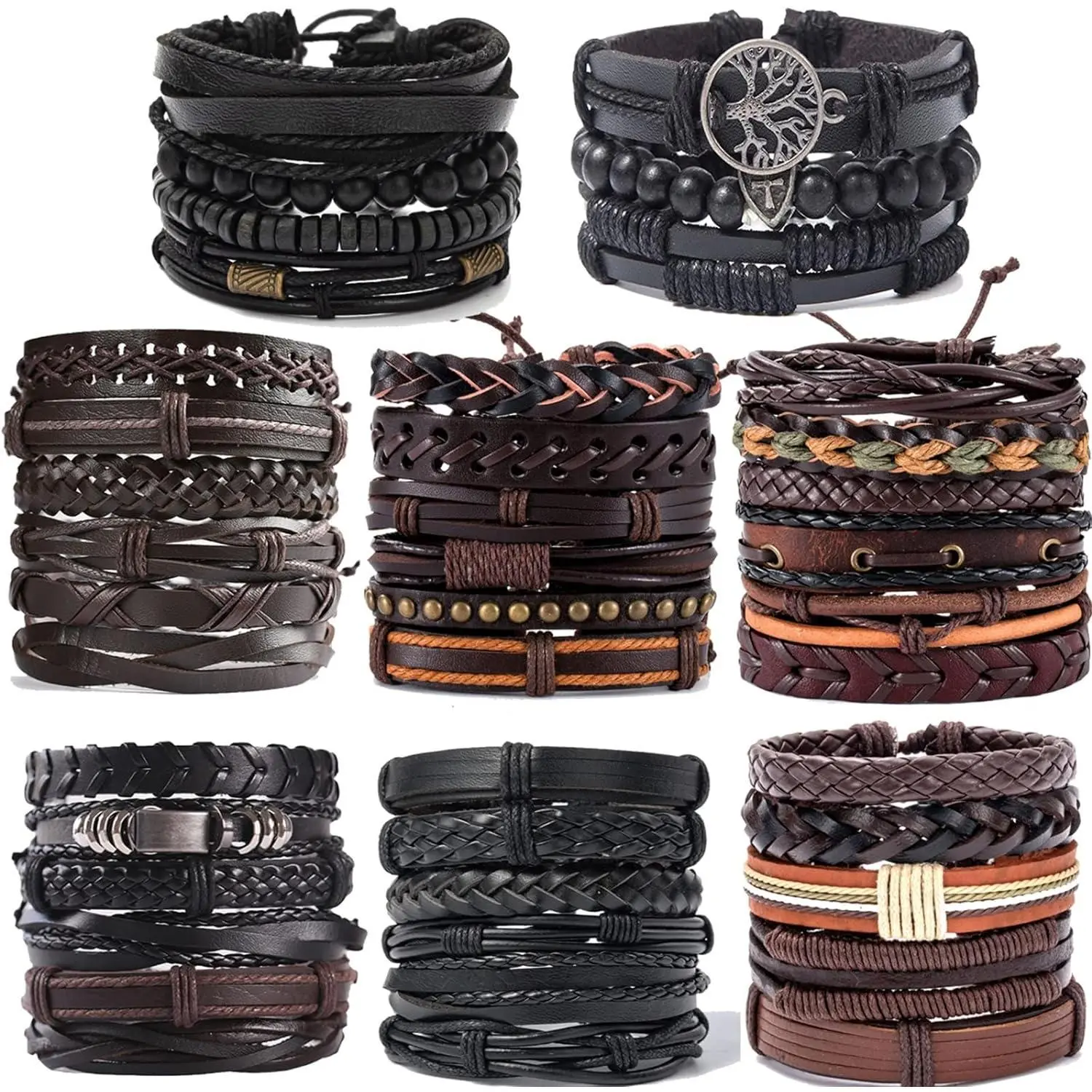 44-Piece Braided Bracelets Jewelry Set - Woven Tie Knot Cuffs, Hemp Cord, Wood Bead, Ethnic Tribal Adjustable Bangles, Fashionable Matching Bangle Set for Men and Women, Fashionable Bracelet Style, Matching Bracelets