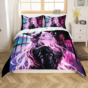 Japanese Anime Bedding Set,Anime Girl Comforter Cover Kawaii Japanese Style Comforter Cover Cartoon Japan Animation Bed Set for Boys Teens Adult Women Bedroom Decor