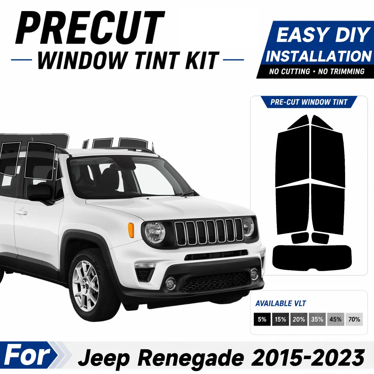 Precut Window Tint Film for Jeep Renegade 2015-2023 All Side+Rear Windshield Any VLT 2Ply Anti-Shatter, UV Block, Privacy Protection, No Trimming Needed,Heat & Glare Reduction