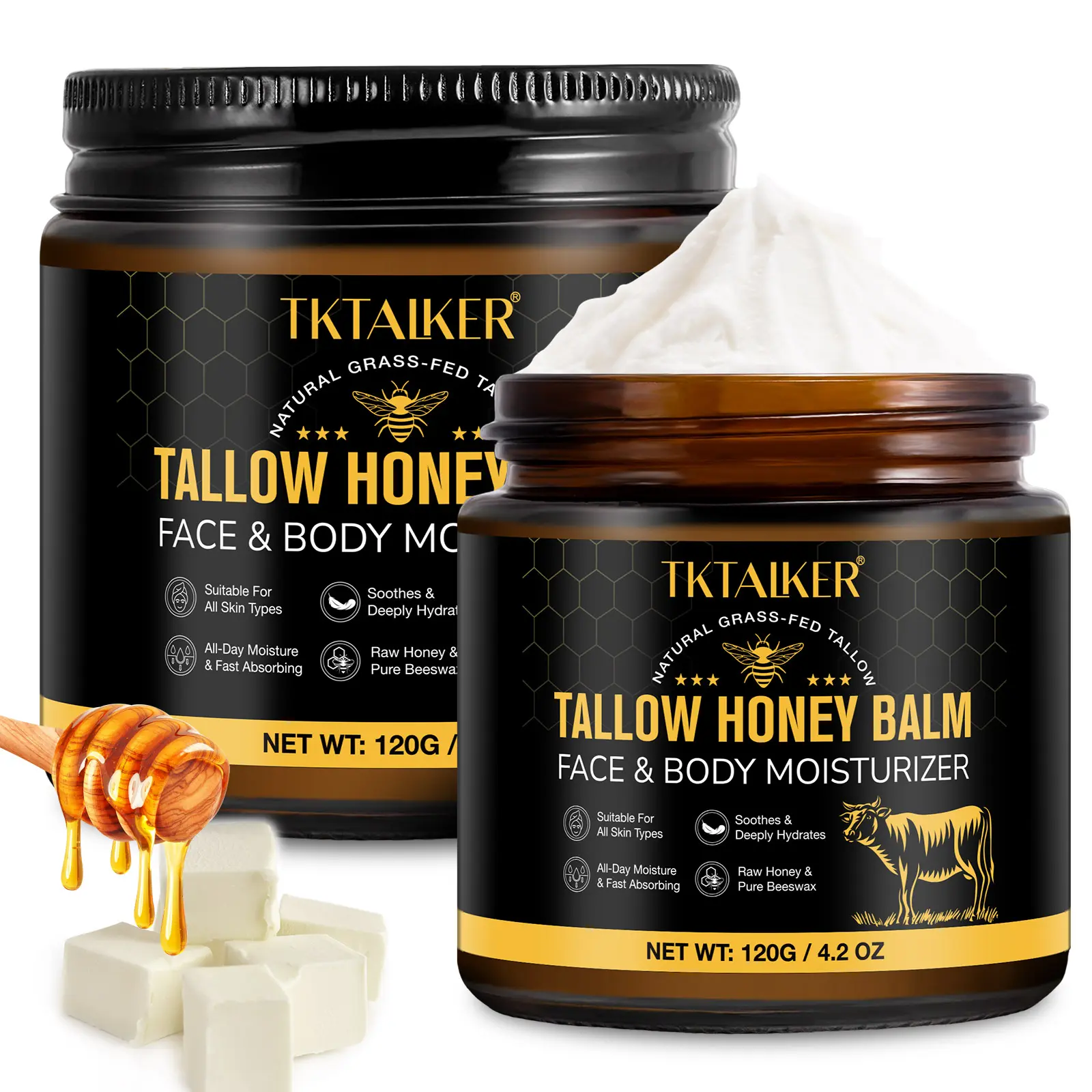 TKTALKER Organic Grass-Fed Beef Tallow Balm with Raw Honey - Handmade All-Natural Moisturizing Hydrating Dry Skin Face & Body Care Moisturizer, Sensitive Safe Body Care Moisturizers, Intense Hydration, Organic Tallow, Beef Tallow Beeswax Body Balm