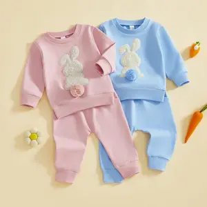 Babamoon Toddler Baby Girl Boy Easter Outfits Set Rabbit Long Sleeve Crew Neck Fuzzy Bunny Tail Embroidery Sweatshirt and Pants Clothing Set 0-3T