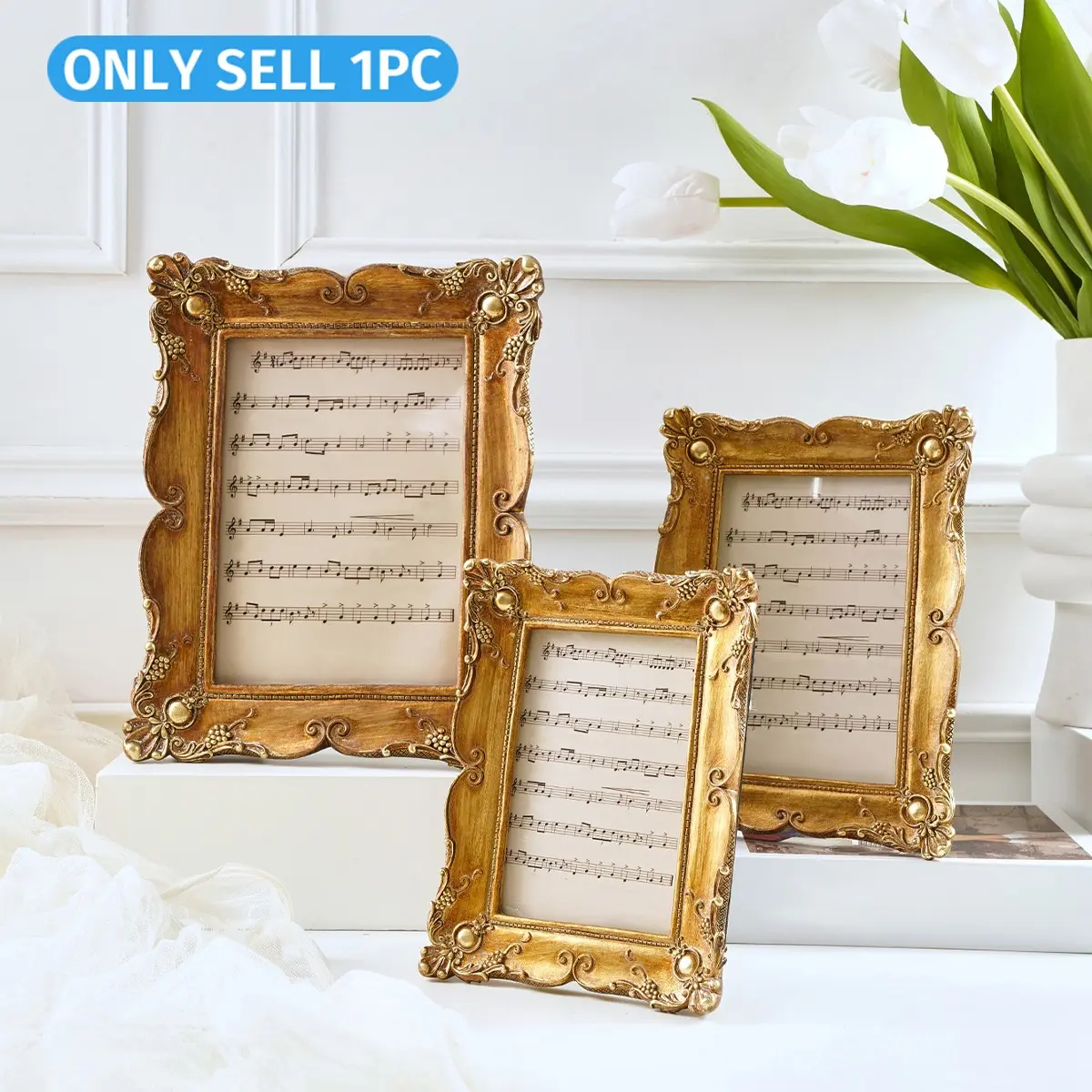 European Vintage Lace Decorative Picture Frame, Resin Material Photo Display Frame, Sturdy Frame Design, Horizontal and Vertical Use, Home Decoration, Vintage Picture Frames