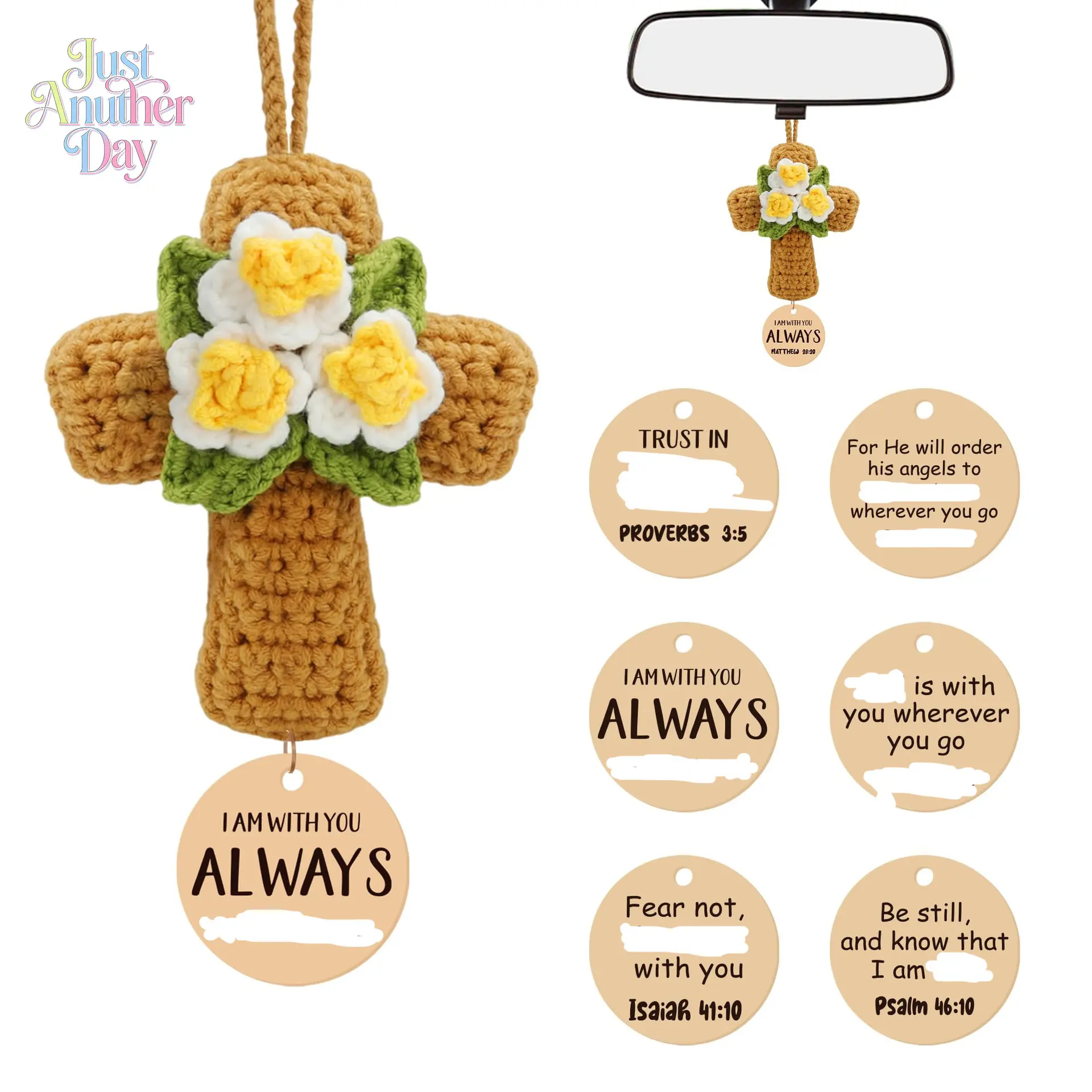 Handmade Crochet Cross Car Hanger, Floral Cross Ornament with Engraved Wood Tag, Religious Christian Rearview Mirror Decor