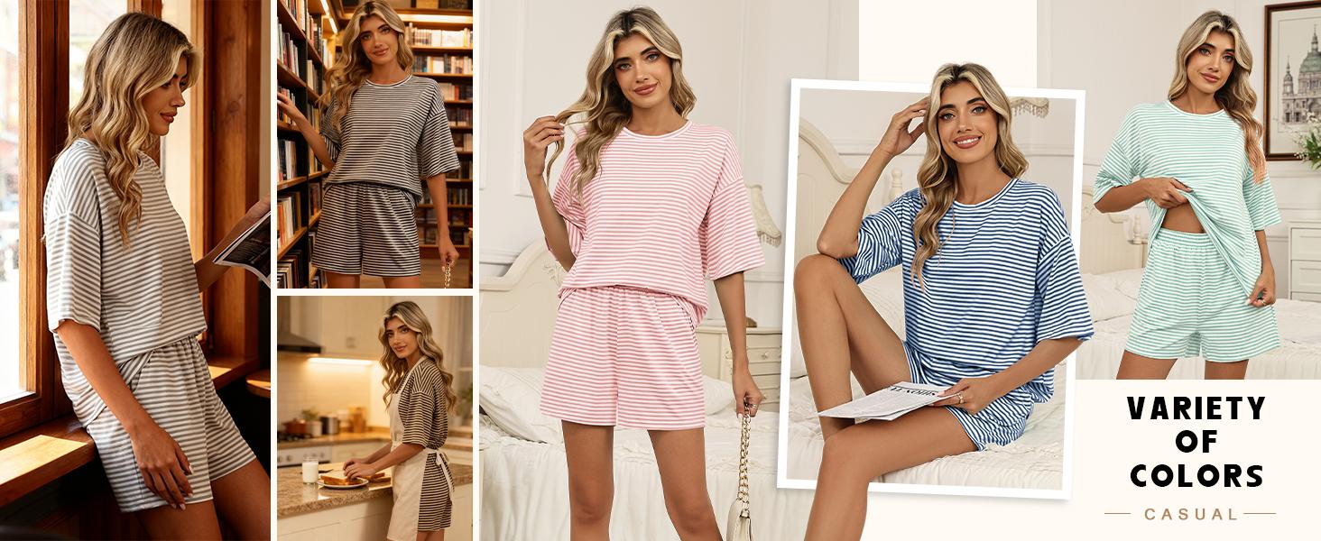 Two Piece Sets for Women Summer 3/4 Sleeve Tops and Elastic Waist Shorts Pajamas Cute Comfy Soft Lounge Striped Pjs