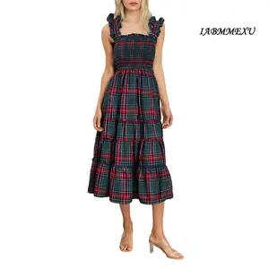 IABMMEXU Plaid Dress for Women Ruffled Sleeveless Vintage Tie Waist A-Line Pinafore Overall Dresses Casual Cotton comfortable  dress dresses  for  summer Green Fashion
