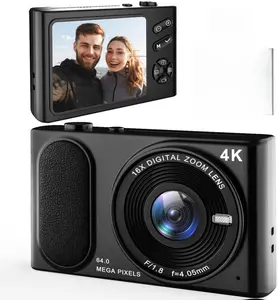 Digital Camera 4K, 64MP Autofocus Vlogging Device 16X Zoom, Compact Point and Shoot, Anti-Shake, Small Travel Camera for Adult Beginners and Teens, 32GB Card, 2 Batteries (Modern, Black)