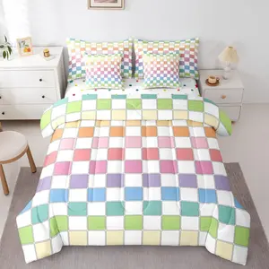 Colorful Checkered Comforter Set with Sheets 7 Piece Rainbow Ombre Checkerboard Bed in A Bag Buffalo Plaid Grid Bedding Set,for Kids Adults,Aesthetic Gingham Bed Set