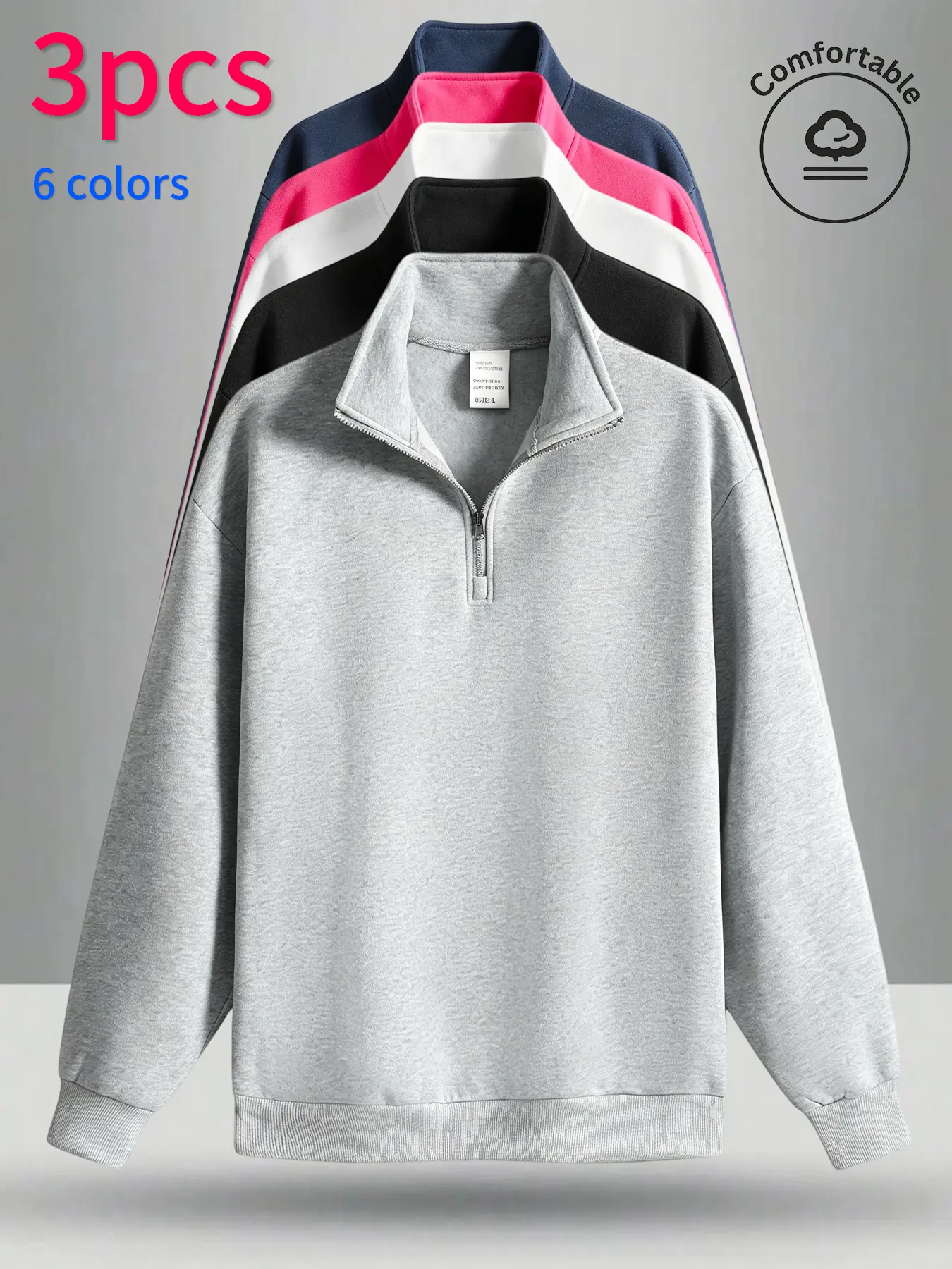 3-pack men’s stand-collar sweatshirts, men’s sweatshirts. Loose fit, half-zip stand collar design, soft, comfortable, skin-friendly fabric, minimalist solid color design, available in multiple colors, suitable for daily commuting, school, shopping, sports