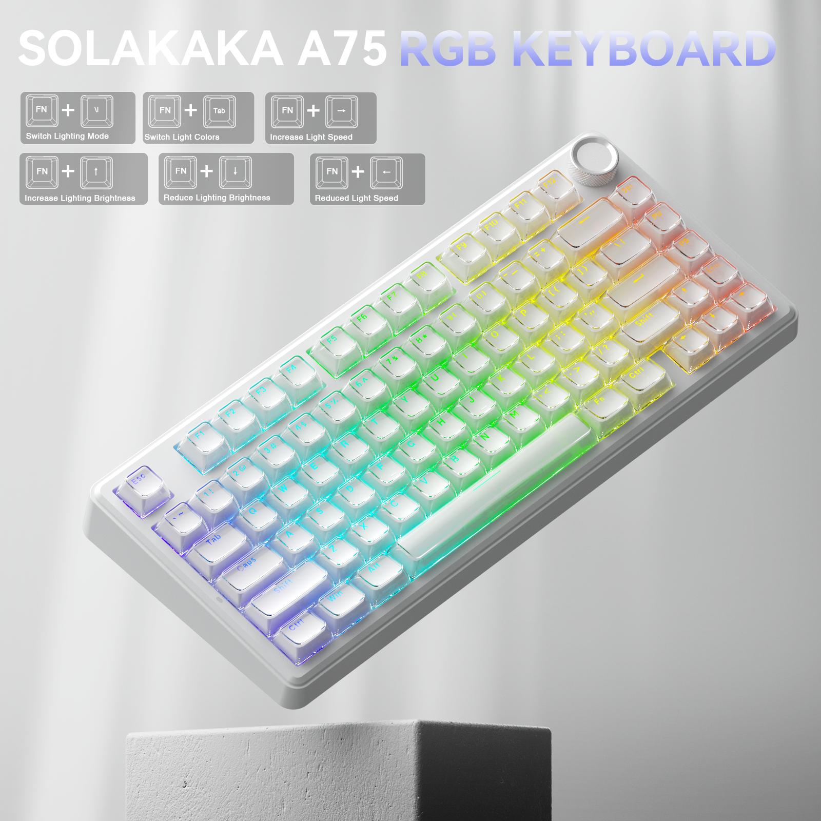 [New]SOLAKAKA A75 Crystal White Wireless Keyboard, Cute RGB 75% Mechanical Keyboard, Tri-Mode Bluetooth/2.4G/USB-C, Creamy Caramel Latte Linear Switch, Hot Swappable Aesthetic Keyboard for PC Mac Laptop