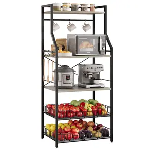 Rustic Microwave Stand, 5-Tier Storage Rack with Adjustable Feet and Anti-Tip Kit, Engineered Wood, Rustic Gray