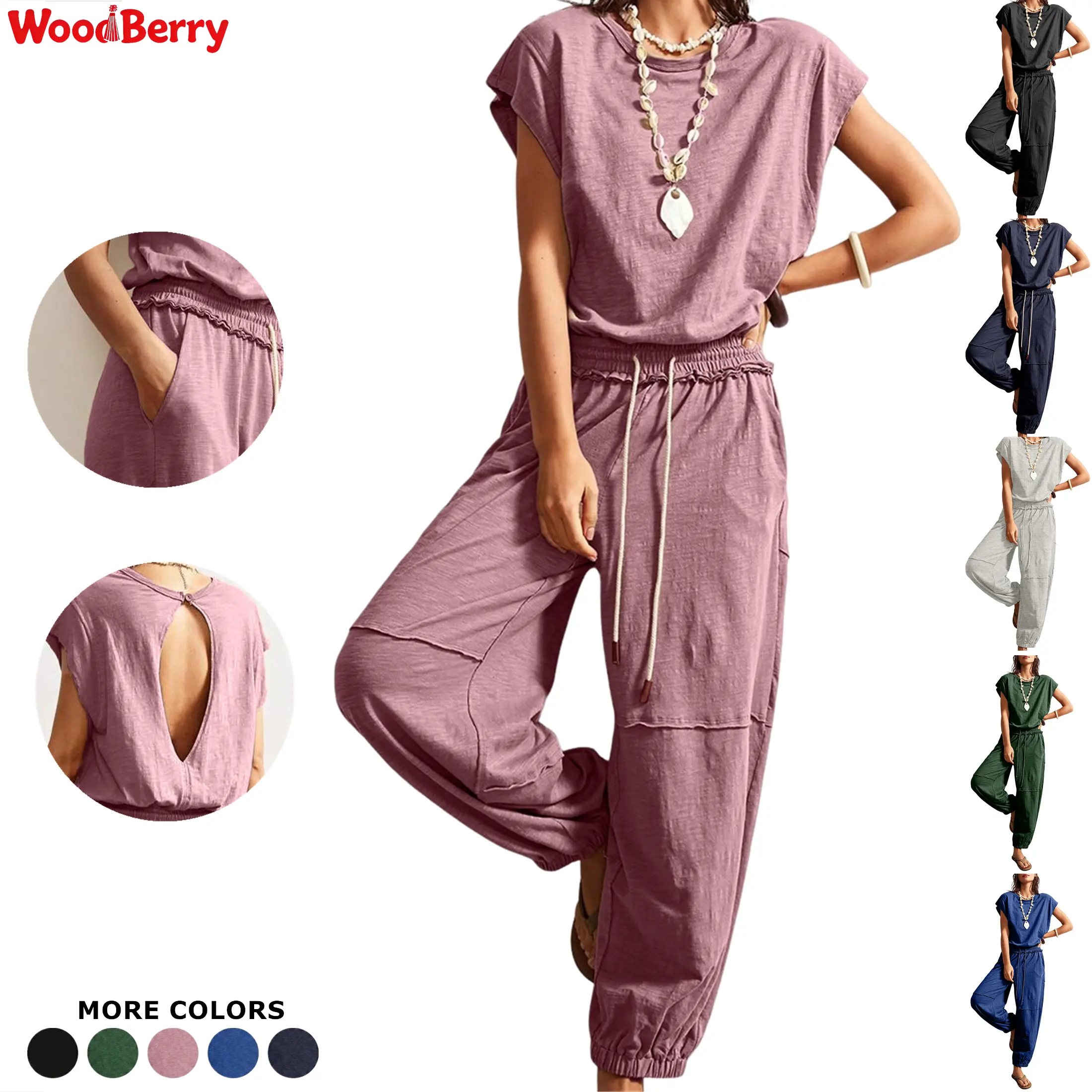 WoodBerry Women's Cotton Overalls - Fitted Sleeveless Drawstring Romper with Adjustable Open Back, Loose Pockets, Minimalist Batwing Design for Summer Casual Dressy Outfits, Style Overalls, Holiday, Snap-Button Back Adds Chic, Open Keyhole, Plain, Full Le