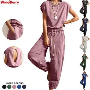 WoodBerry Women's Cotton Overalls - Fitted Basic Sleeveless Drawstring Romper with Adjustable Open Back, Loose Pockets, Summer Casual Dressy Business Outfit summerwins