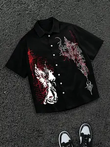 2026 Men's Summer Streetwear Fitted Shirt, Dark Subculture Elements, Colorblock & Geometric Design, Trendy Shop & Subculture Party Clothing, Fashion