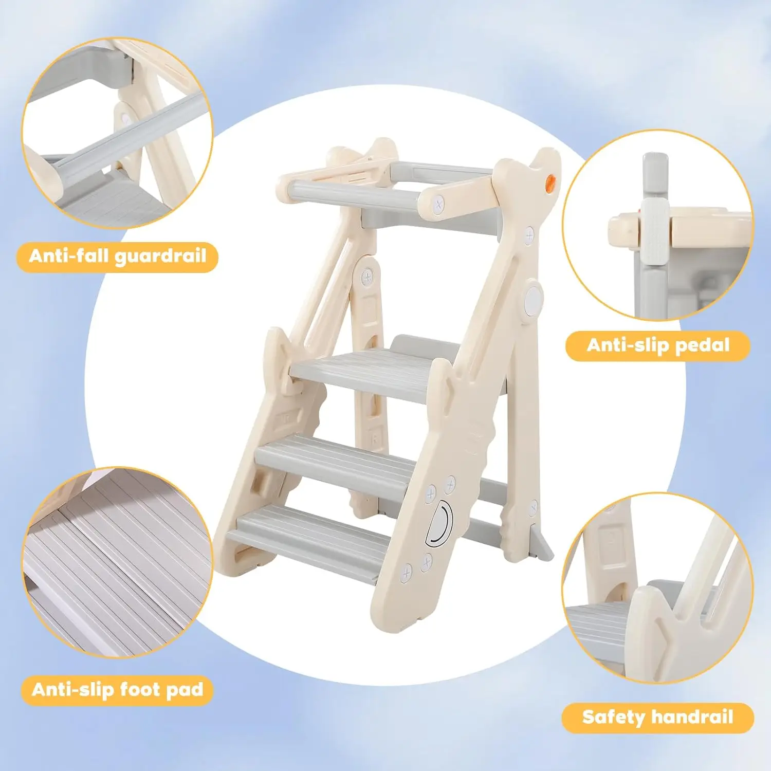 Foldable Learning Tower for Toddlers Adjustable Height Kitchen & Bathroom Step Stool Non-Slip Foot Pads Safety Rails Portable Kids Helper Stool High