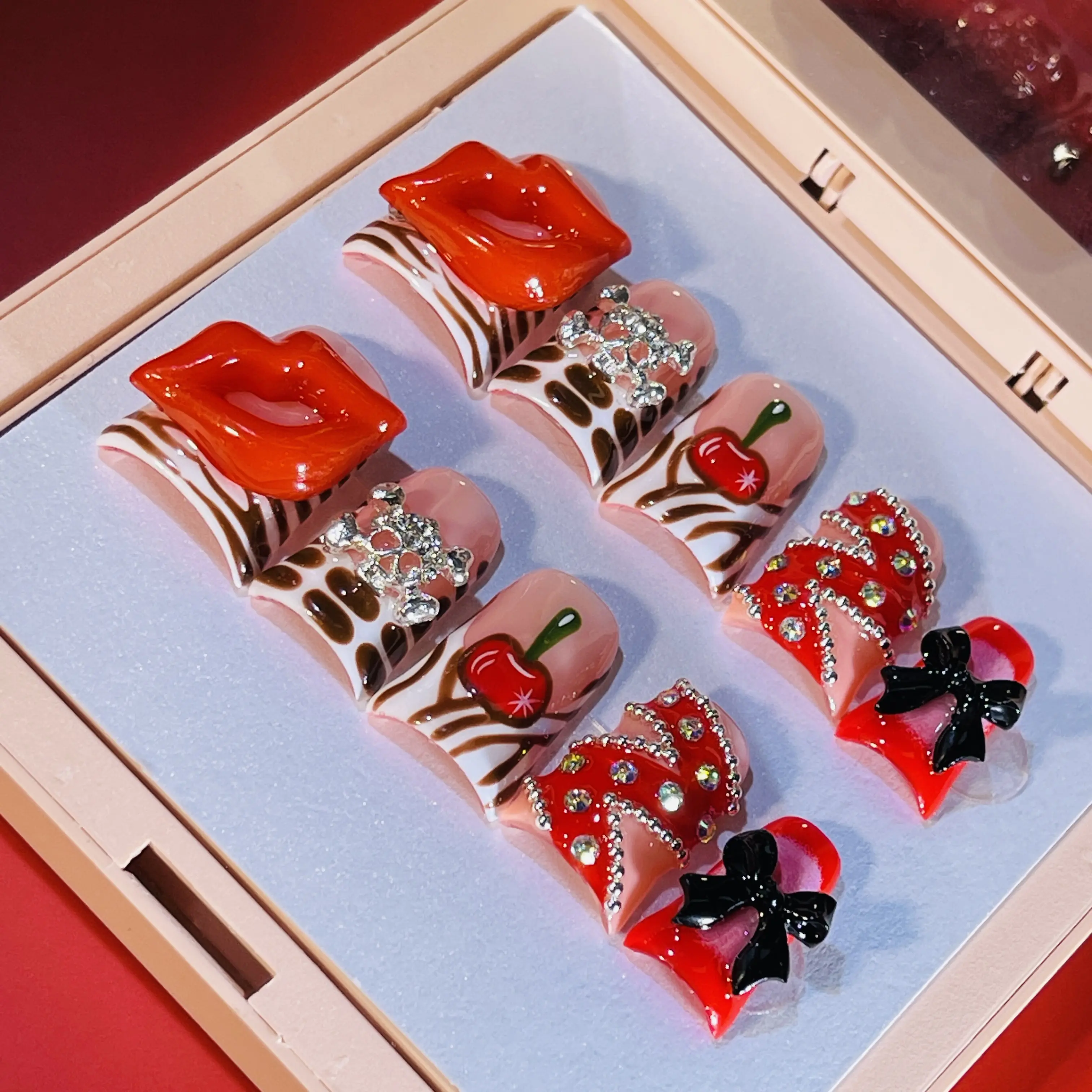 DiDazzle 10 PCS Handmade Duckbill Acrylic Press-on Nail Pack - Funky Glam Design with CherryLipGlam 3D Lips, Fruit Cherries, Zebra Print for Easy Nail Art, Press On Nails, Acrylic Nails