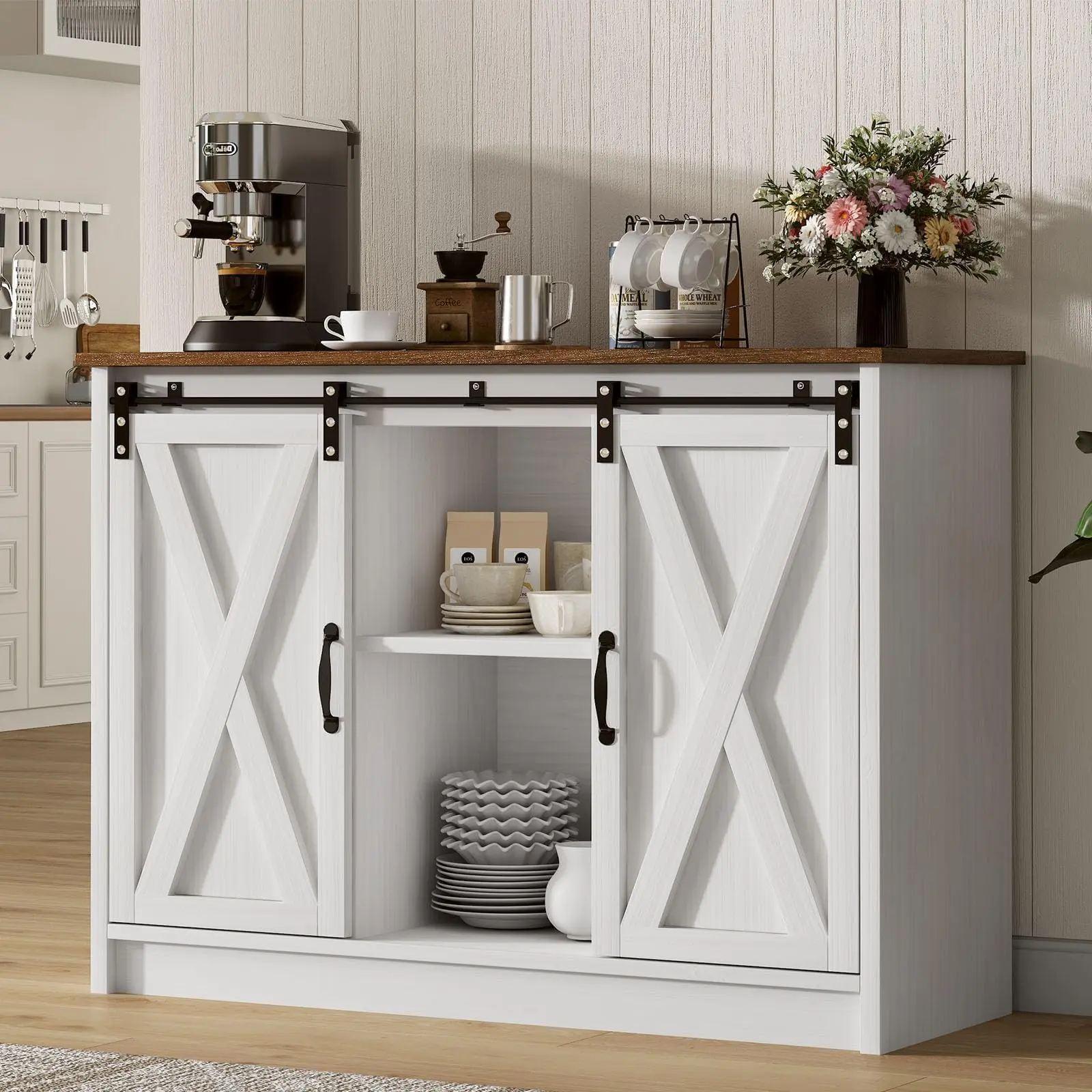[DealsForYouDays][Summerwins] HOMBCKFarmhouse Coffee Bar Cabinet with Sliding Barn Door, 42” Coffee Bar Table with Adjustable Shelves, Buffet Cabinet with Storage for Kitchen Living Dining Room summer garden,fathers day gift ideas