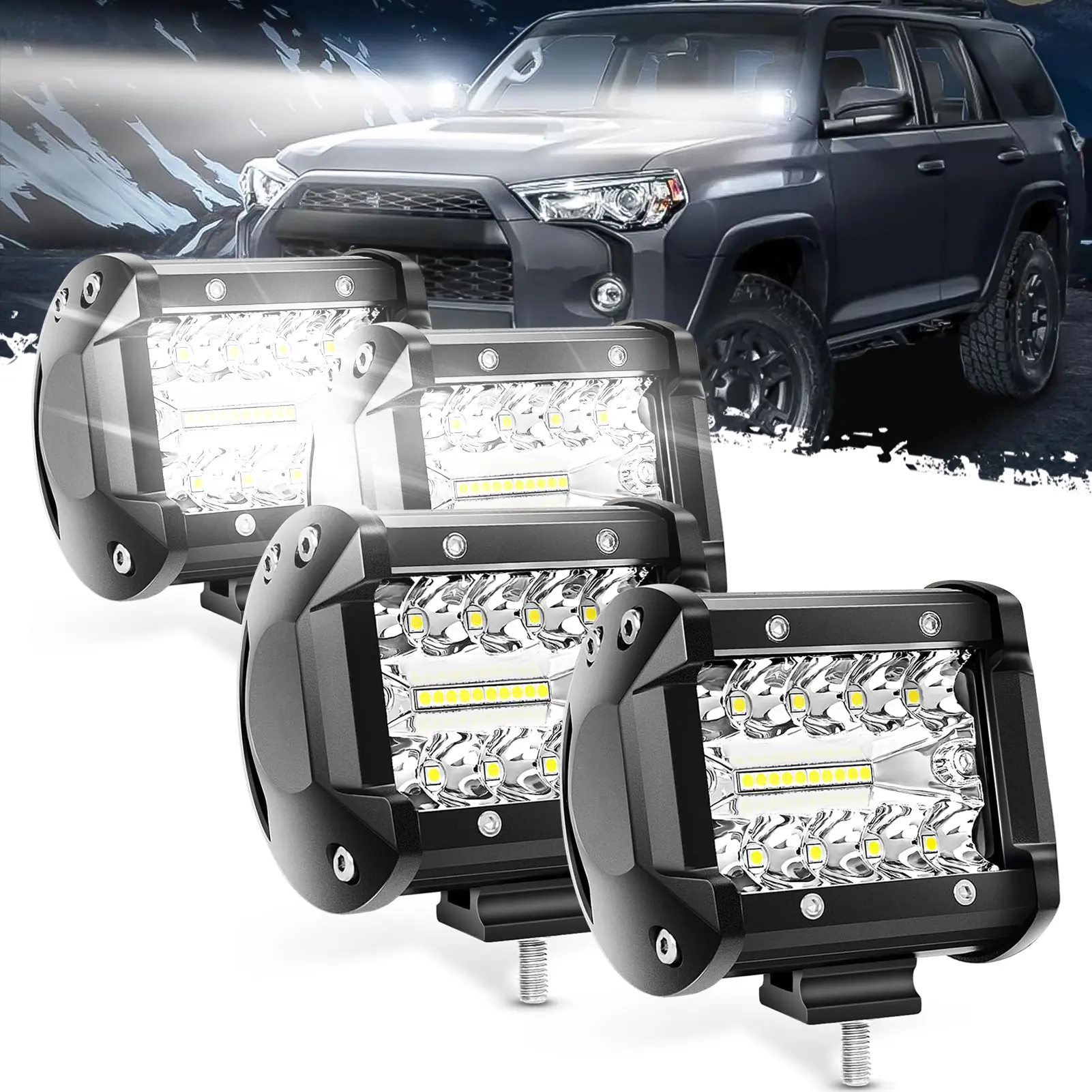 DIBMS Led Light Pods 4PC 4Inch 60W Flood Spot Combo Triple Row Driving Lamp Roof Bumper Off Road LED Work Lights Pods for Van Camper Wagon Car Pickup Golf Cart ATV UTV SUV Truck Boat 4x4
