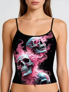 Fashion Adjustable Strap Sleepwear or Outer Wear, Flame Skull Print, Home Loungewear, Stylish Sleeveless Top for Women