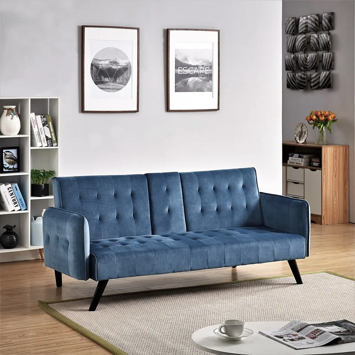 72" Velvet Convertible Sofa Bed with Cup Holders, Tufted Folding Futon Sleeper Couch, Mid-Century Modern 3 Seater for Small Spaces, 72" L x 34.6" D x 31" H,  Blue