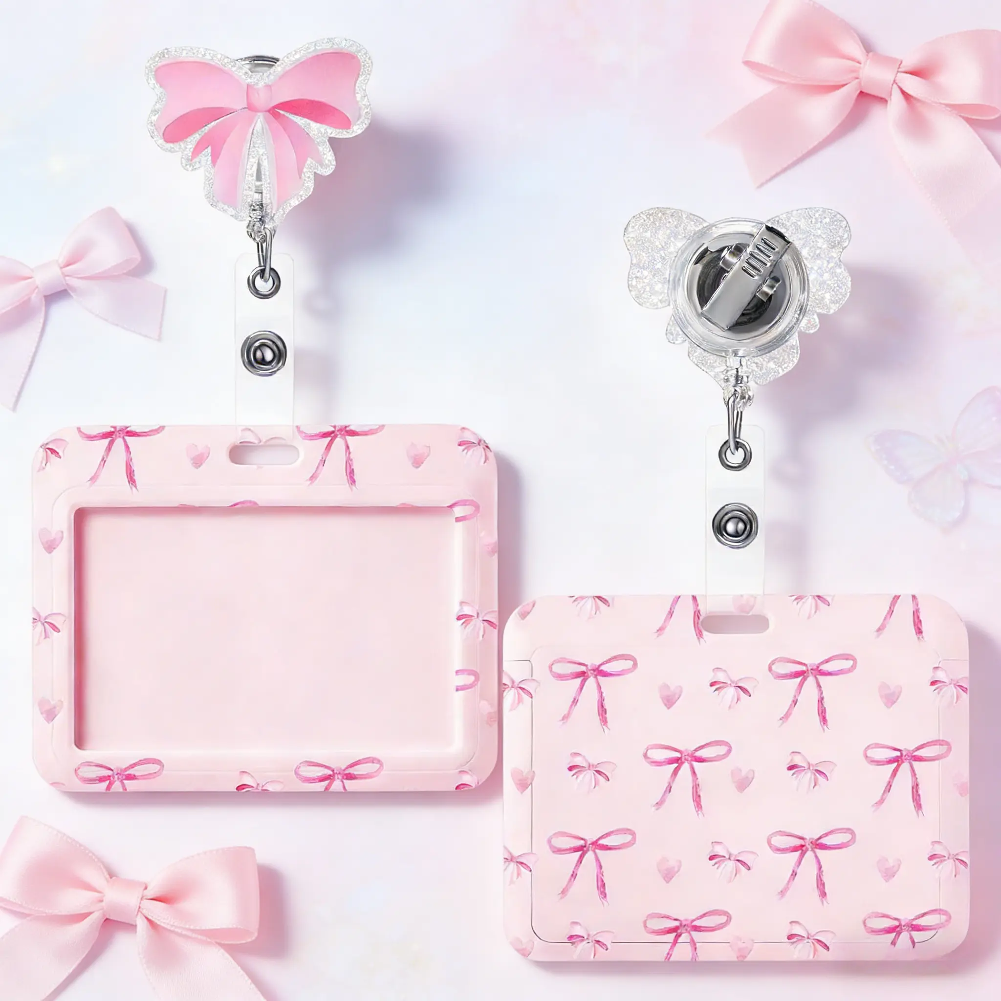 Pink Bow Coquette Badge Set - Horizontal ID Holder, Retractable Nursing & Medical Badge Reel with Alligator Clip, Cute Name Tag for Nurses, Office Staff, Nursing Badge Reel