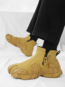 A pair of men's fashion slip-on Closed ankle boots Side zipper for easy on/off Windproof and waterproof thick-soled short boots for outdoor hiking Perfect for everyday wear Walking Shoes Footwear