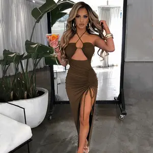 Women Mini Dress Spring Bodycon Sexy Halter High Slit Ruched Backless Open Back High Slit Ruffle Pleated Lace Mesh Ribbed Floral Cut Out V Neck