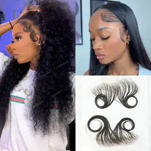 Baby Hair Edge Strips For Women Edges Hair HD Lace Baby Hair Reusable Invisible Swiss Lace Hairline Natural Black Handmade Real Human Hair Pieces 4pcs/Pack