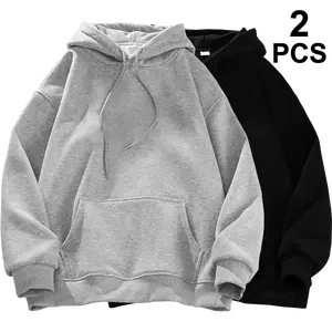 2 piece Off-the-shoulder pullover solid color basic long sleeve kangaroo pocket hooded sweater top for men and women