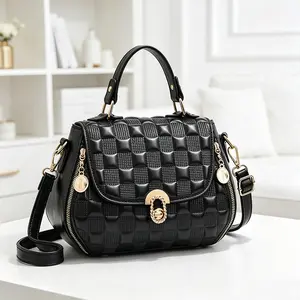 Women's Black Crossbody Shoulder Bag – 3D Checkered Embossed Luxury Woven Satchel with Gold Turn Lock & Side Zippers – Elegant Handbag for Work Everyday Use