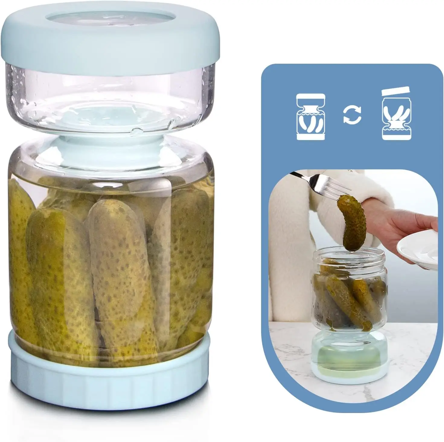 KISTVO 34oz Blue Borosilicate Glass Pickle Jar with Double Leak-Proof Design & Hourglass Flip for Easy Drainage - Large 1000ml Capacity for Pickles, V