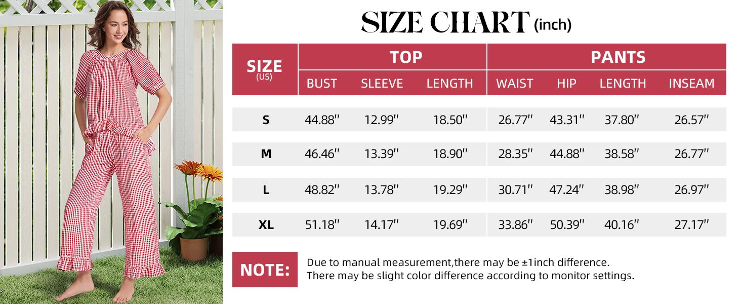 Gingham Pajama Set for Women 2 Piece Plaid Cotton Button Down Top and Pants Ruffle Babydoll Pjs Lounge Sets