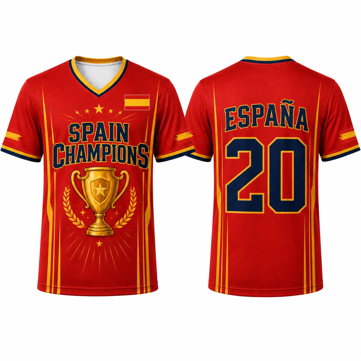 Spain-Inspired Champion Style V-Neck Sports Shirt for Men Women, Red Yellow Soccer Style Athletic Tee with Trophy Graphic, Number 20 Short Sleeve Game Day Top for Fans, Sports Events, Parties and Casual Wear