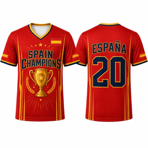 Unisex Spain-Inspired Champion-Style Cotton Football Athletic Shirt - V-Neck, Short Sleeves, Fitted, Red-Yellow, Number 20 Trophy Graphic, Breathable Cotton Fabric, Casual Sporty Fitted Athletic Fashion Activewear for Game Days