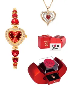 Women's Elegant Heart Design Quartz Watch & Jewelry Set, Matching Jewelry Set Including Rose Gift Box, Fashionable Wristwatch & Pendant Necklace & Ring & Earrings & Bracelet for Women