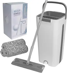 Mop and Bucket with Wringer Set, Flat Floor Mop and Bucket, with 3 Washable Microfiber Pads Included, Extended Stainless Steel Handle Mop, Home Floor Cleaning System for All Floor Types and Windows