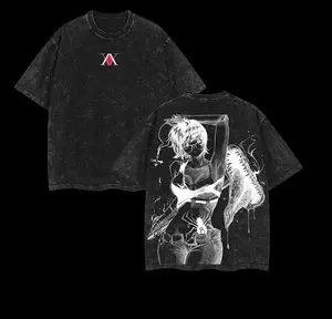 Men's HUNTER×HUNTER Manga Printed Shizuku Anime Round Neck Cotton T-Shirt, Casual Fashion Menswear, Vintage Acid Washed Oversized Soft High-Quality Short-Sleeve Streetwear