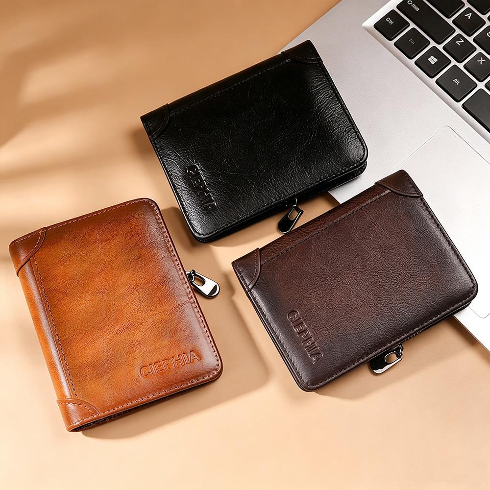 CIEPHIA Men's Genuine Leather RFID Blocking Bifold Wallet, Vintage Multi-Function Card Holder with 2 ID Windows and Zipper Coin Pouch