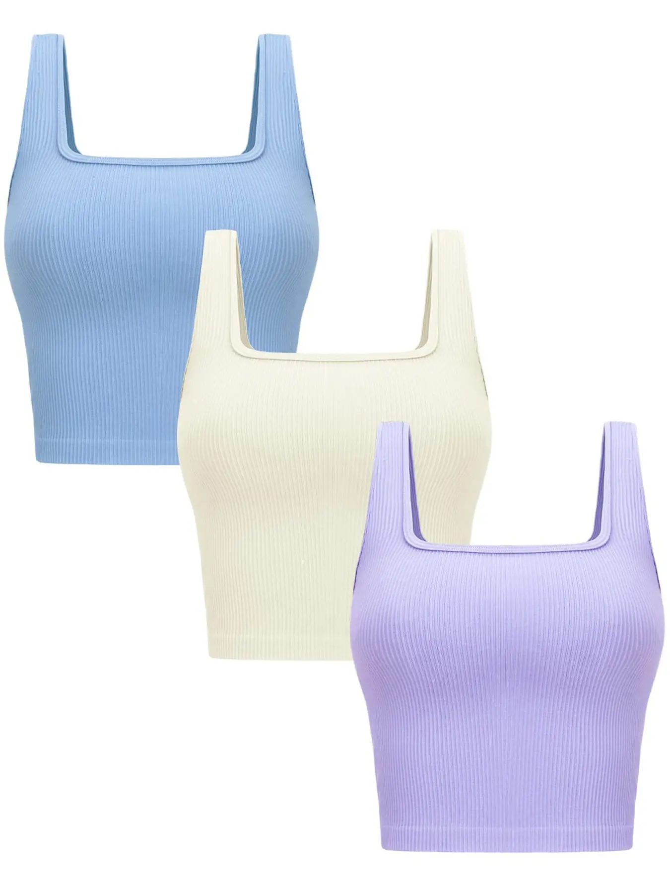 Women's Thick & Light Fabric Seamless Ribbed Square Neck Sleeveless Slim-Fit Wrap Style Crop Top 3-Pack - Casual Daily Layering Sports & Outdoor Vest